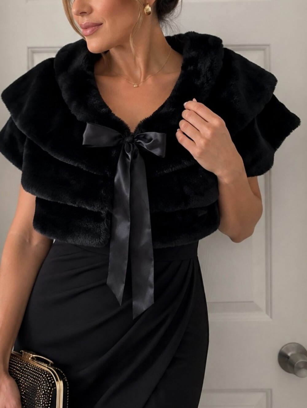 Forever Black Faux Fur Capelet Jacket with Satin Bow – Elegant & Sophisticate